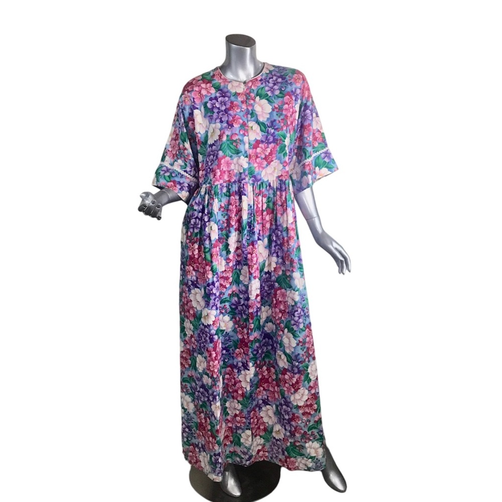 Davina Vintage Women’s Large Floral House Dress Maxi Half Zip Front Half Sleeve